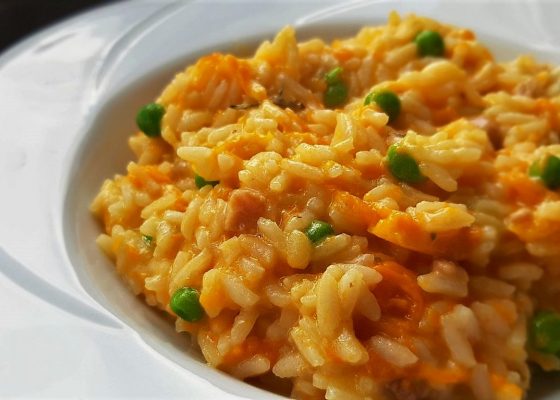 Risotto zucca pancetta e piselli